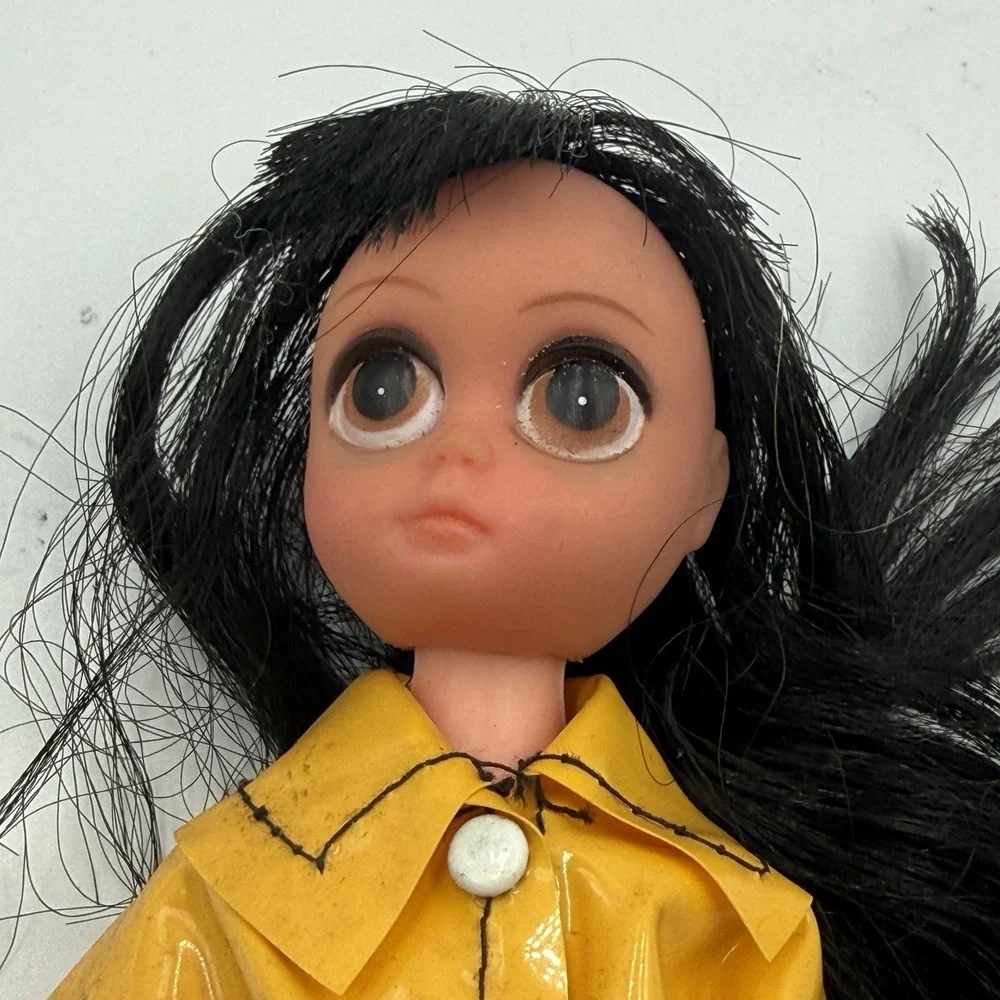 Vintage 1960s Susie Sad Eyes Doll Black Hair Yellow Vinyl Raincoat Outfit 8 inch